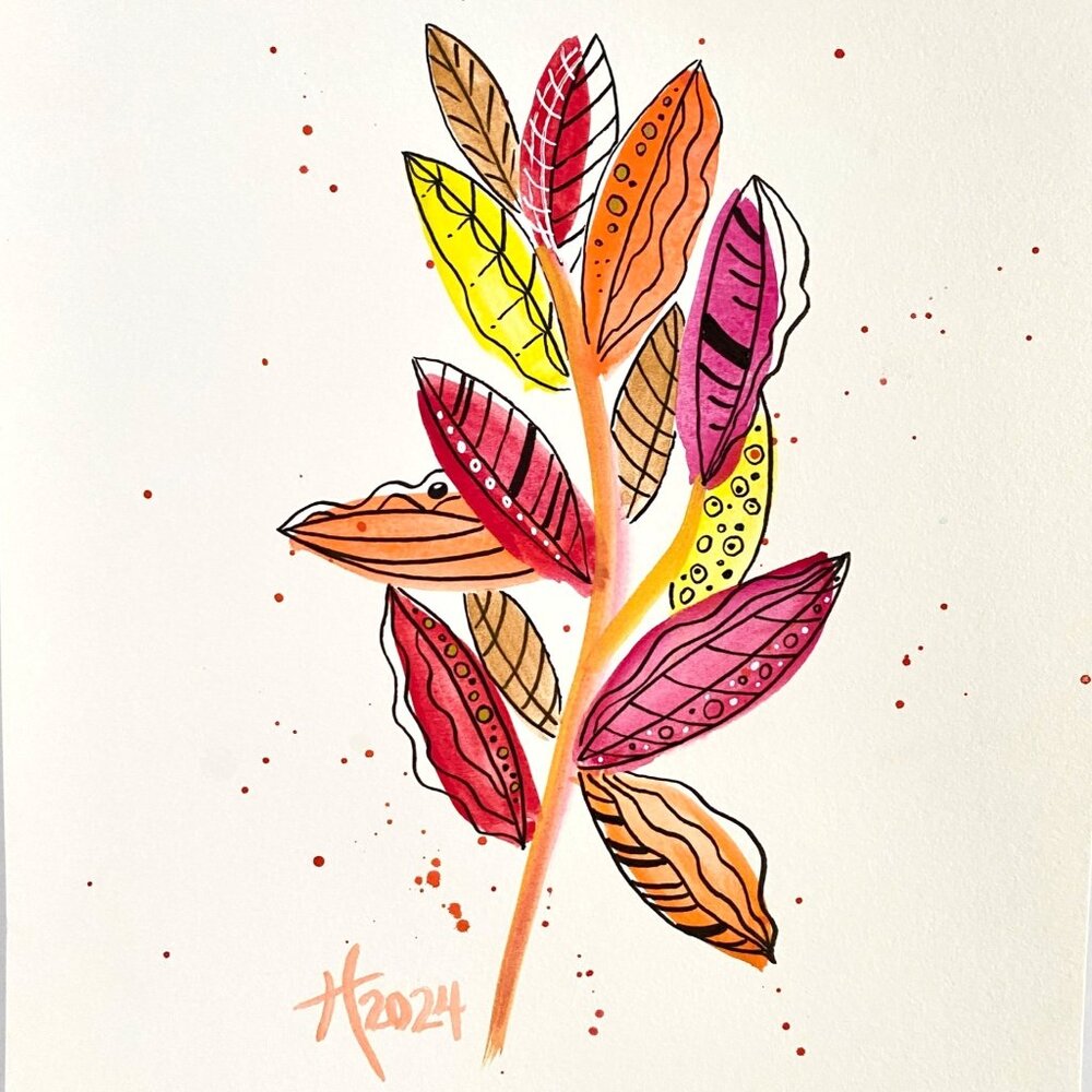Funky Leaves Warm Original Watercolor Wall Art Painting 11x14in Matted